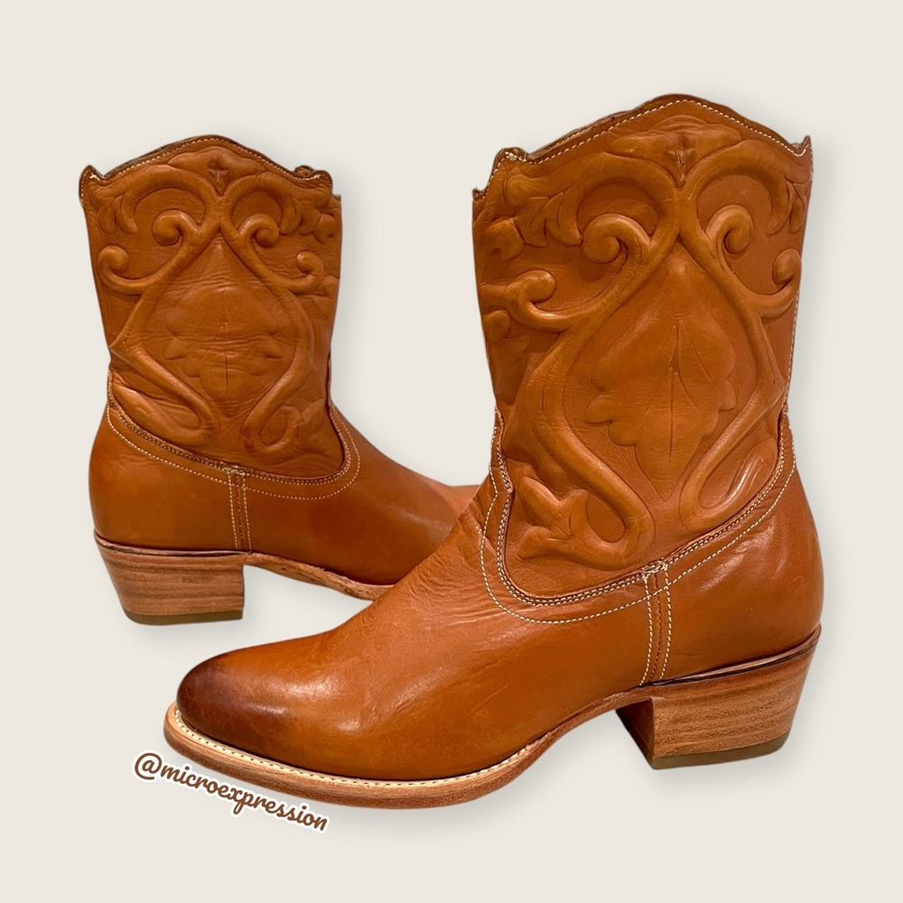 $399 Frye Floral Botanical Leaf Vine Cognac Brown Leather Cowboy Western Boot - Picture 15 of 15